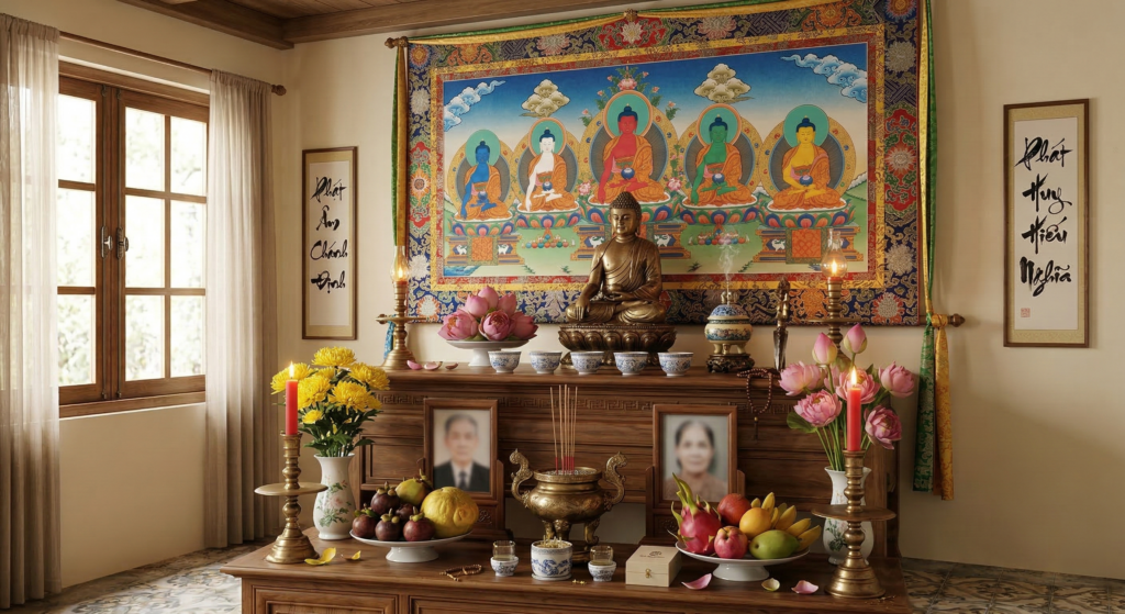 Cách bố trí bàn thờ Phật chung với gia tiên - theo Mật Tông